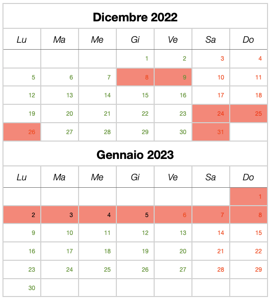 Calendario festività invernali 2022